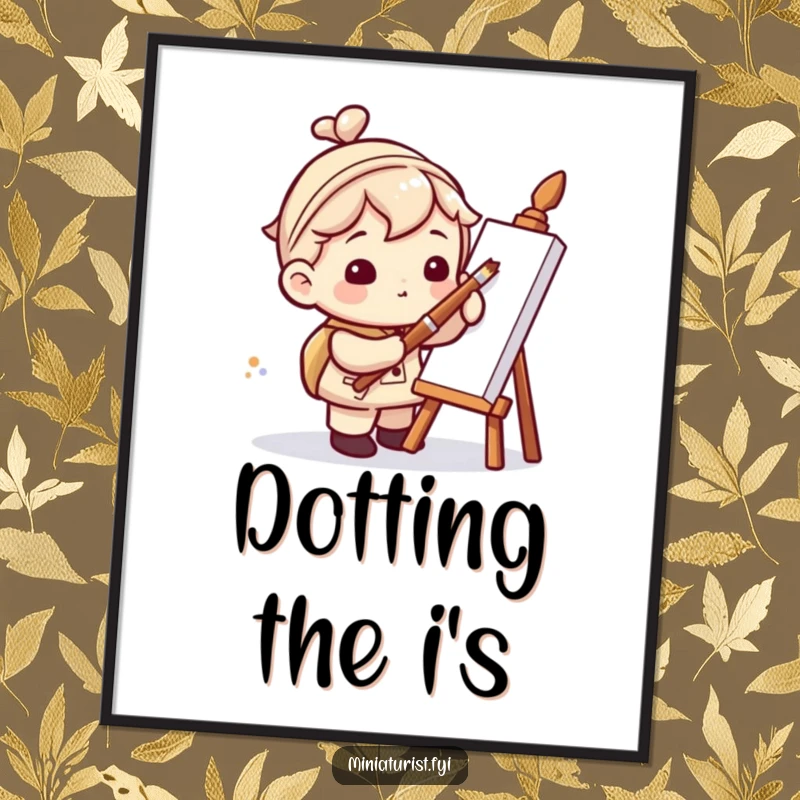 Funny digital art print of a miniaturist character humorously painting a tiny dot with a colossal paintbrush, perfect for wall decor.