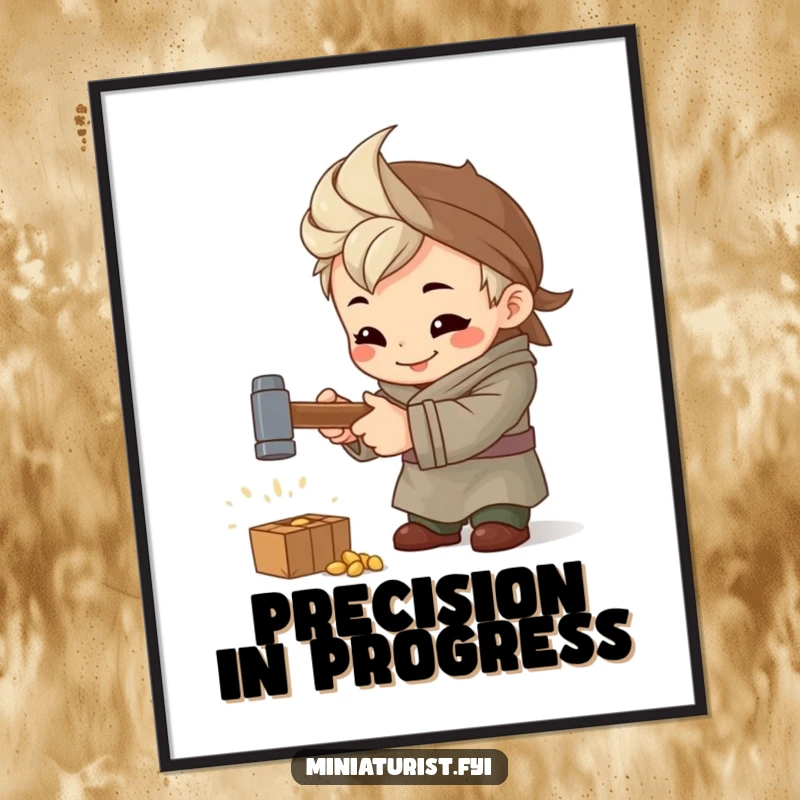 Funny Artisan Hammer Digital Art Print, high-resolution image of a tiny artisan hammering with intense focus and a smile.