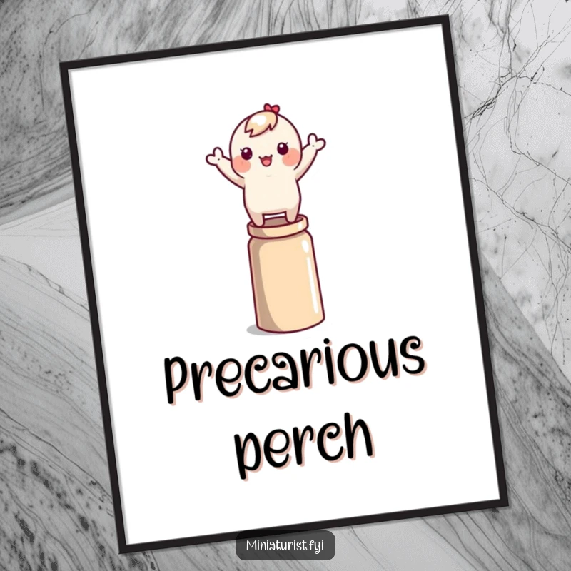 Funny tiny character precariously balancing on a thimble, arms waving wildly, captured in a high-resolution digital art print.