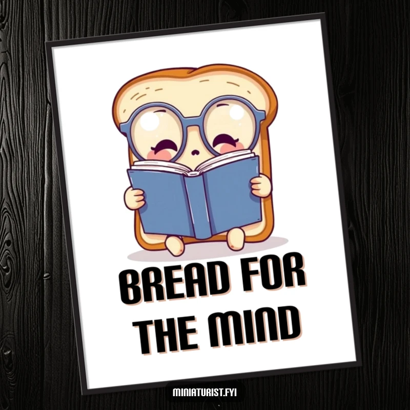 Funny digital art print of a miniature toast character wearing oversized spectacles, engrossed in a colossal book, symbolizing intellect.