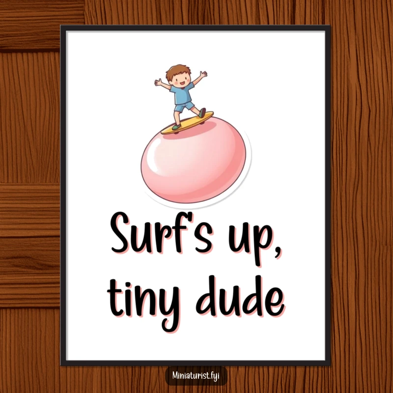 Funny miniature person enthusiastically surfing on a ridiculously large, upturned button, available as a downloadable digital art print.