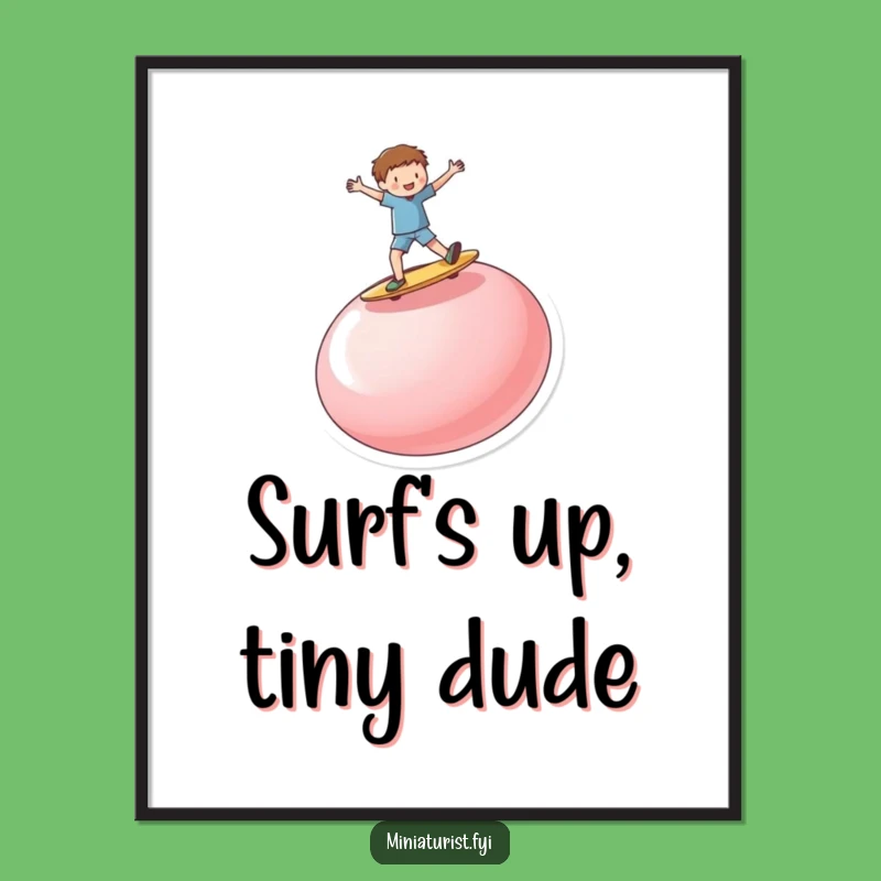 Funny Button Surf Digital Art: Miniature Person's Epic Ride for Your Space!