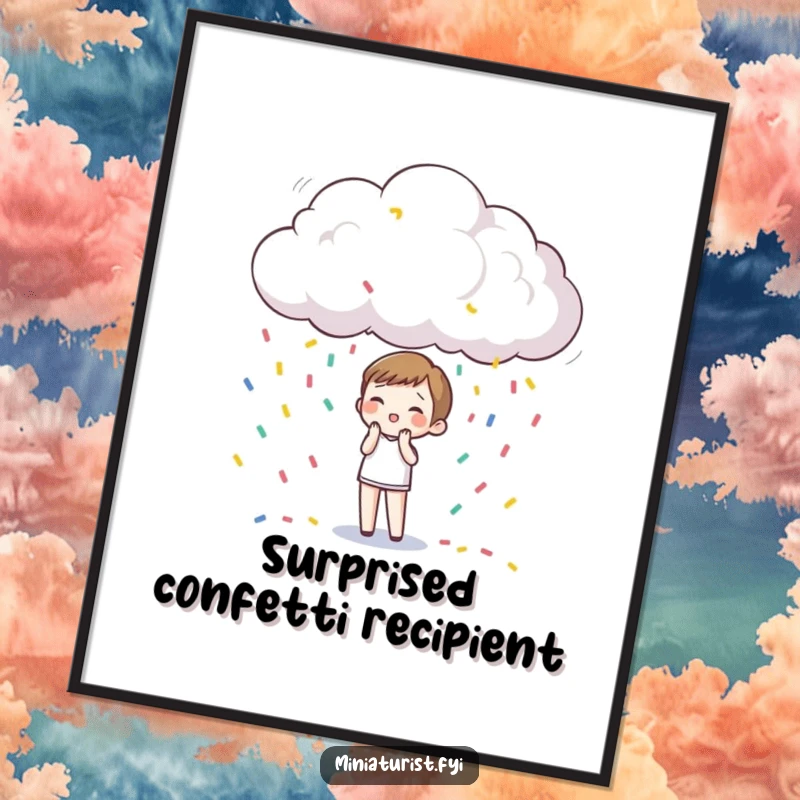 Funny Digital Art: A miniature character joyfully surprised by a tiny raincloud showering colorful confetti, printable.