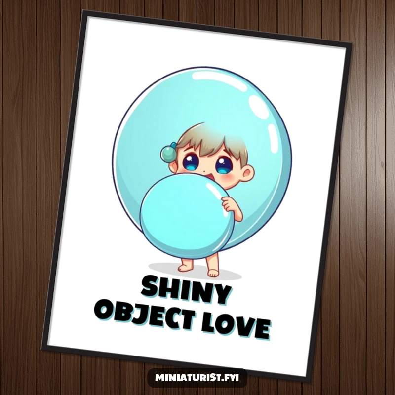 Funny digital art print of a small person surprised and delighted holding an enormous shiny button, joyful decor.