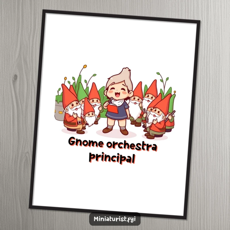 Funny Digital Art: Miniature conductor energetically directing a whimsical orchestra of garden gnomes, ready to be printed.