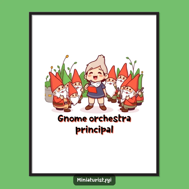 Funny Gnome Orchestra Conductor Digital Art: Tiny Maestro Leading Garden Gnomes Printable