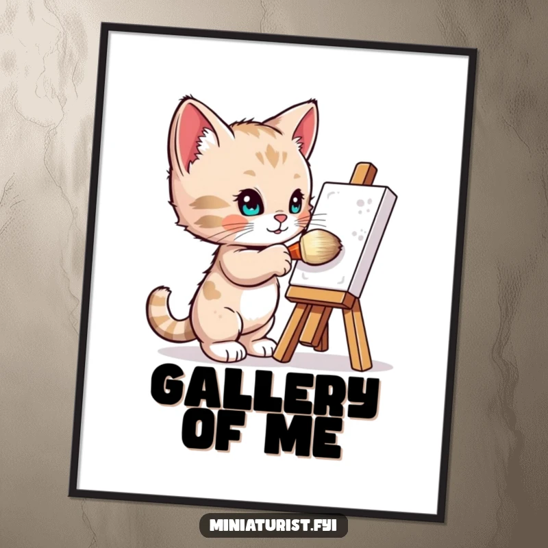Funny Digital Art Print: A tiny kitten artist enthusiastically paints a miniature easel with a giant brush, ready to adorn your walls.