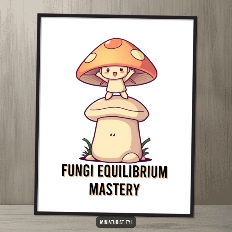 Funny mushroom balance digital art print of a character gleefully balancing on a giant mushroom cap, capturing pure whimsy.
