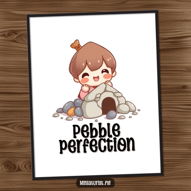 Funny digital art print of a character happily building a house out of pebbles, conveying warmth, creativity, and a touch of humor.