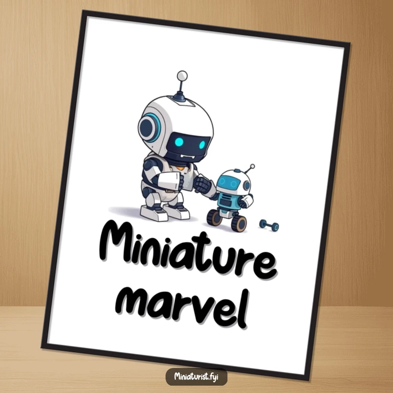 Funny Digital Art Print: A tiny robot excitedly assembles an even tinier robot, ready to inspire.