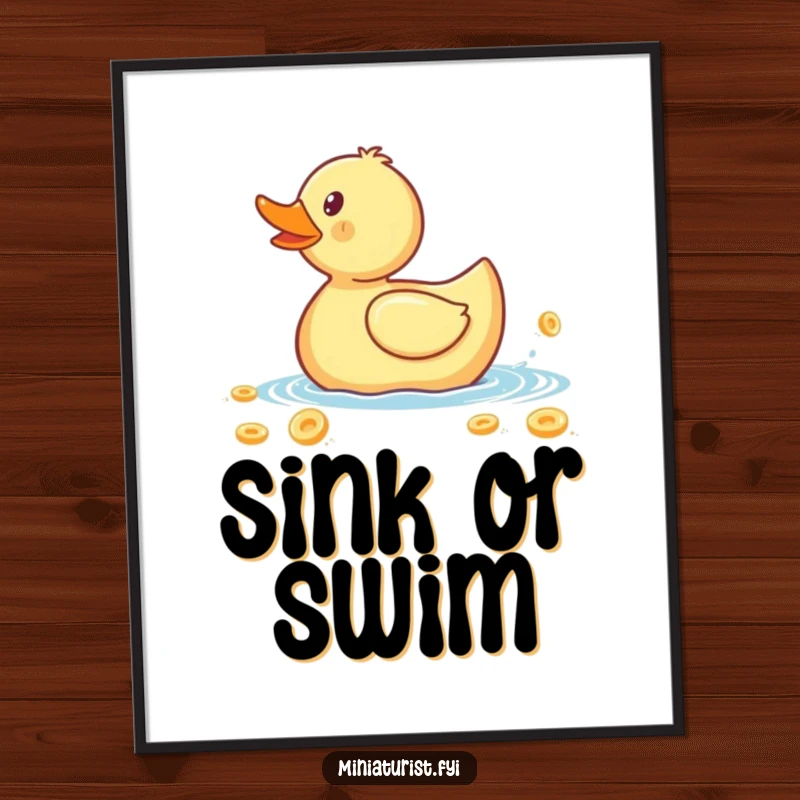 Funny digital art print of a minuscule rubber ducky paddling a giant cereal flake, a humorous and whimsical piece.