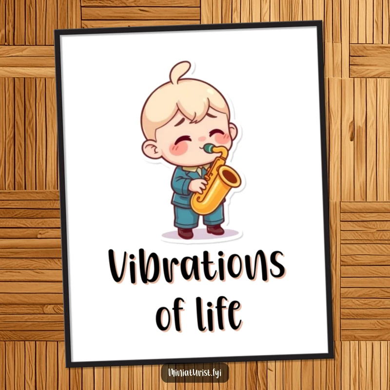 Funny saxophone digital art print of a miniature character playing a tiny sax with great enthusiasm, bringing instant musical joy.
