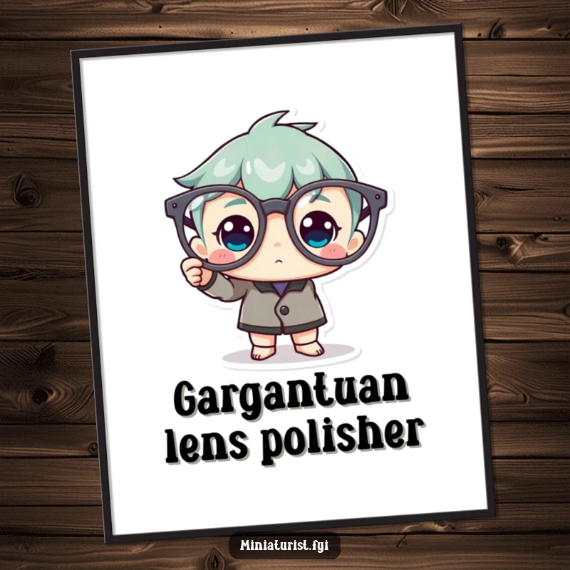 Funny Digital Art: Miniature character meticulously polishes a pair of enormous spectacles, printable and funny.