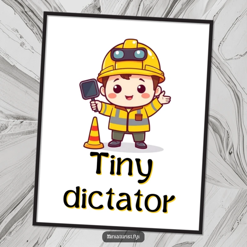Funny digital art print of a tiny character in a construction hat directing miniature traffic, conveying whimsical organization and control.