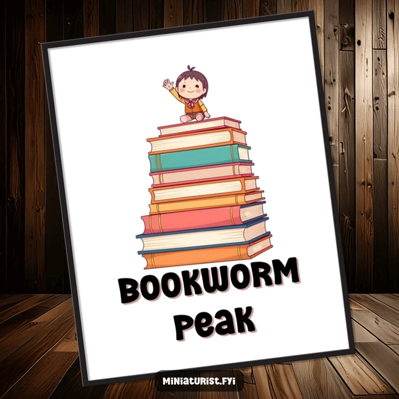Funny digital art print of a tiny figure waving enthusiastically from atop oversized books, cheerful wall decor.