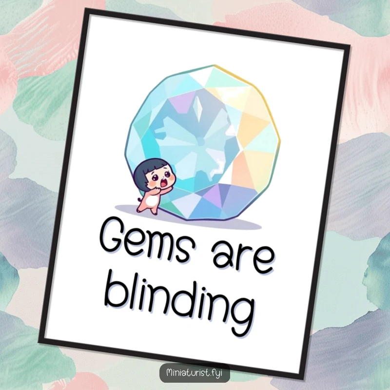 Funny tiny character with a surprised gasp, discovering a colossal, sparkling gemstone, available as a downloadable digital art print.