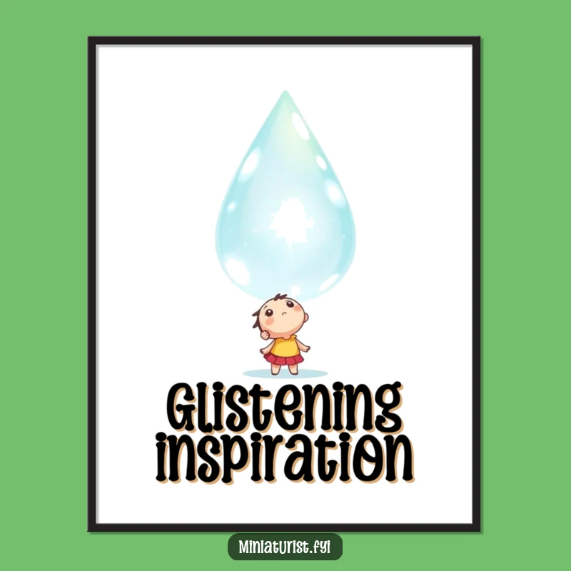 Funny Awe-struck Dewdrop Digital Art: Tiny Character's Wonder Decor Gift