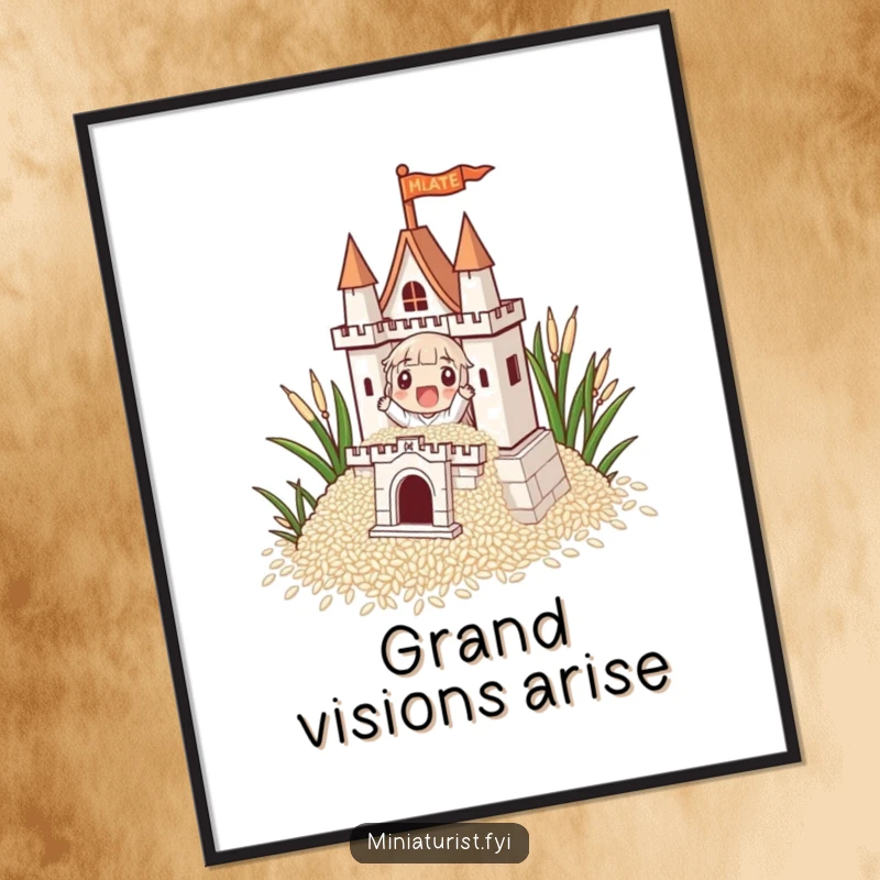 Funny, minuscule character building an intricate castle from rice grains, available as a downloadable digital art print.