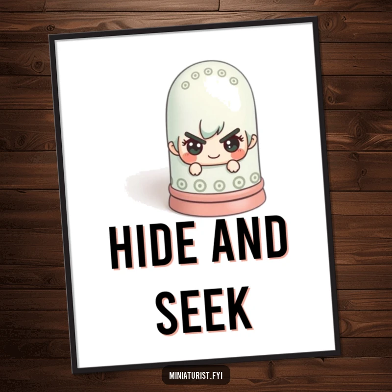 Funny miniature figure with a mischievous look hiding behind a colossal thimble in digital art, offering playful and humorous visuals.