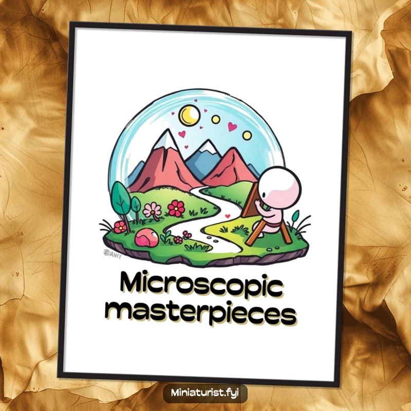 Funny Artist Landscape Digital Art Print, high-resolution image of a small figure painting a microscopic landscape with vibrant, happy strokes.
