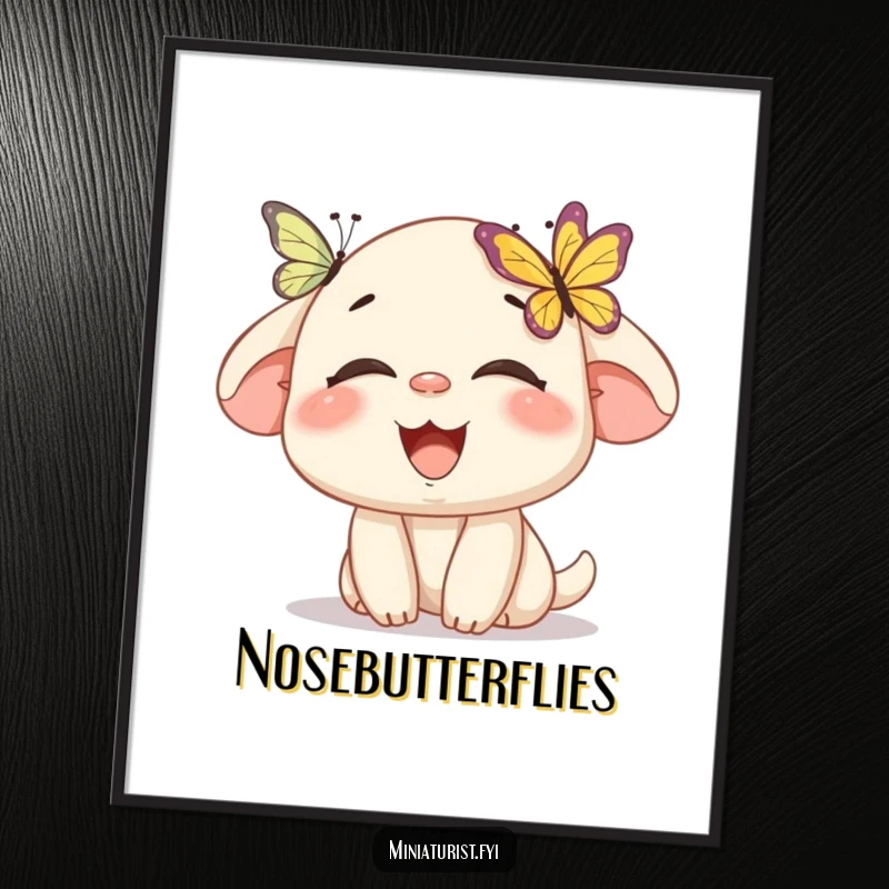 Funny digital art of a miniature character laughing uncontrollably as a butterfly lands on its nose, evoking pure, humorous delight.