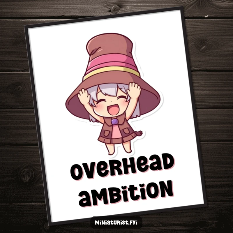 Funny digital art print showing a miniature character excitedly putting on a comically oversized hat, full of fashion ambition and mirth.