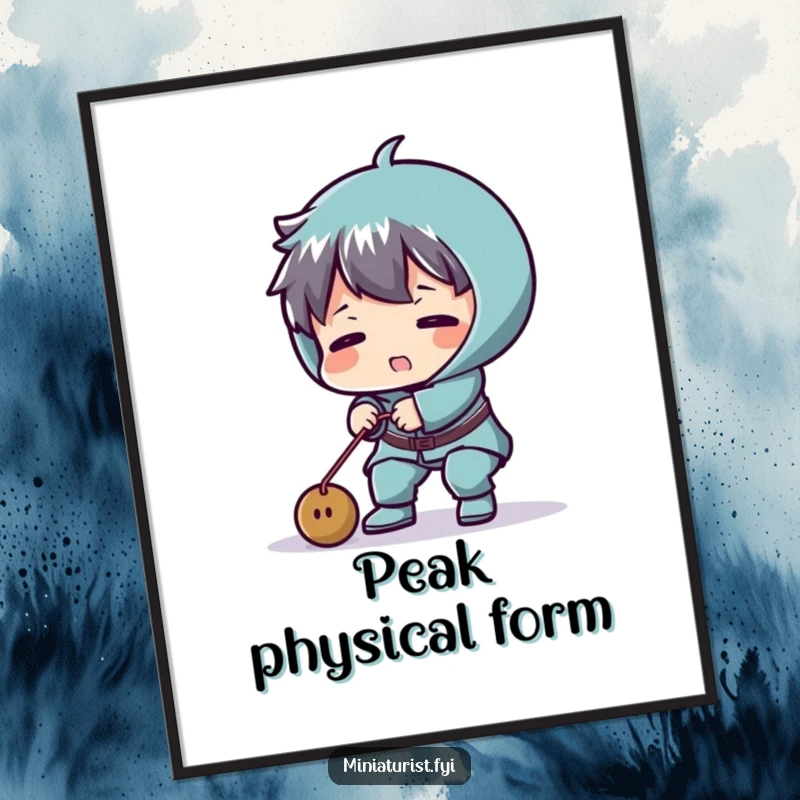 Funny digital art print of a tiny character comically struggling to lift a minuscule weight, a humorous depiction of effort.