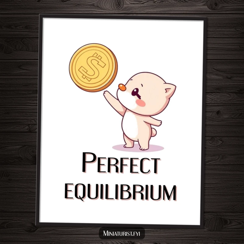 Funny digital art print of a small character attempting to balance a large coin on its nose, showcasing playful struggle and charm.