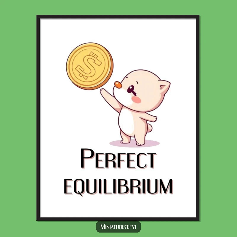 Funny Coin Balancing Character Print: Whimsical Art for a Laugh
