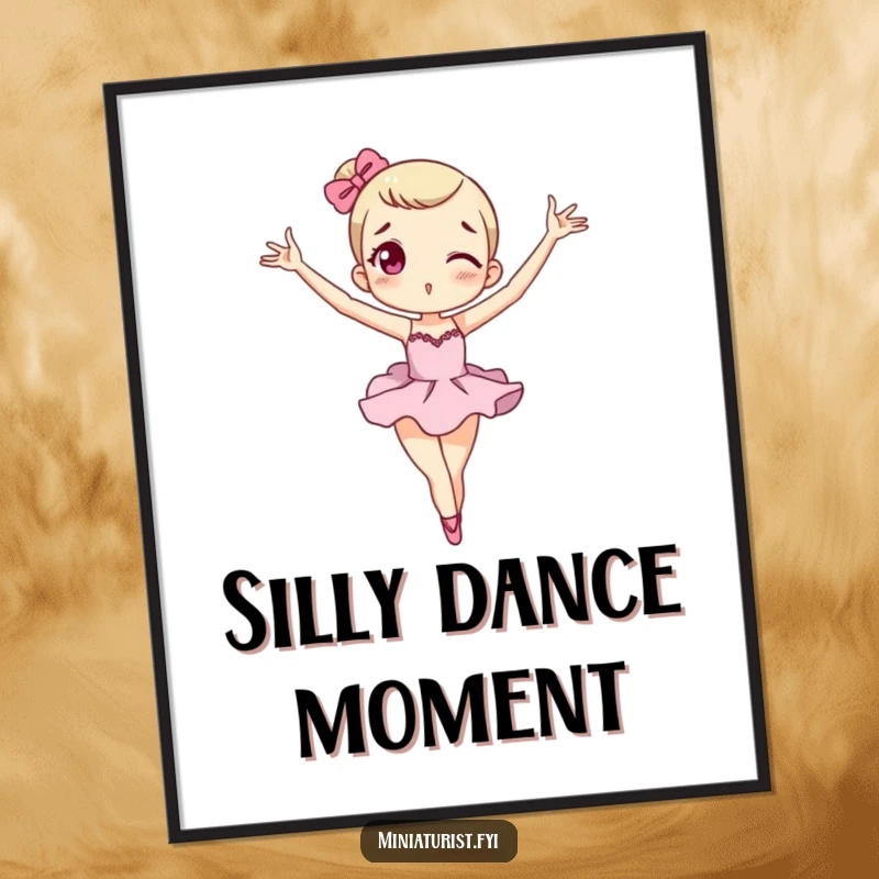 Funny miniature macaron digital art print of a tiny character in an exaggerated ballet pose, artistic and whimsical.