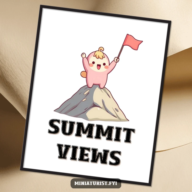 Funny digital art of a cute character celebrating on a mountaintop, waving a tiny flag with pure joy and excitement.