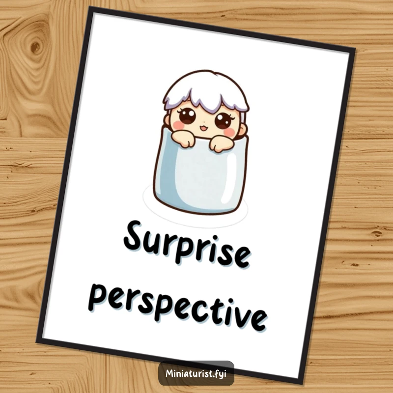 Funny Digital Art Print: A miniature character with a surprised expression emerges from a thimble, ready to adorn your walls.