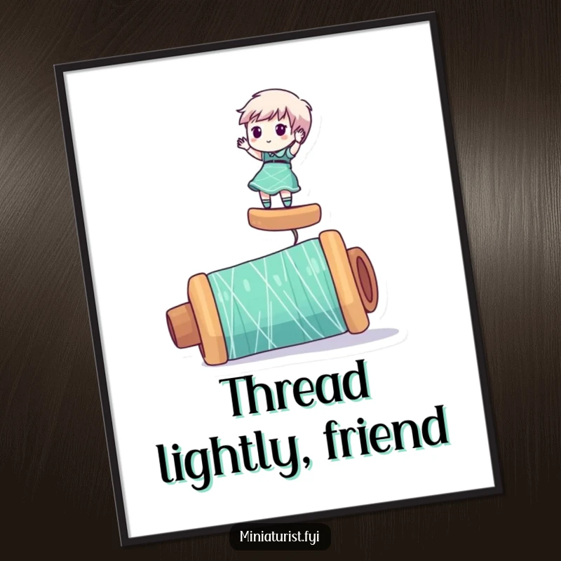 Funny digital art print of a miniaturist character humorously balancing on a giant spool of thread, ideal for wall decor.