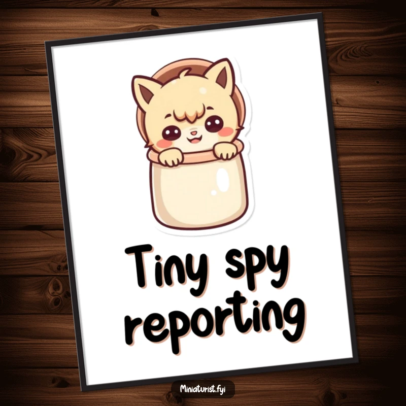 Funny digital art print of a small character peeking out of a thimble with a mischievous grin, capturing playful mischief.