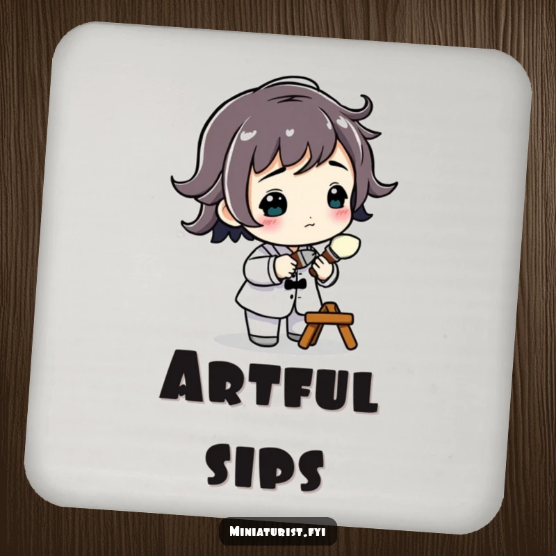 Funny Miniature Artist Coaster featuring a small figure with a tiny paintbrush, symbolizing dedication to detail with artistic and humorous flair.