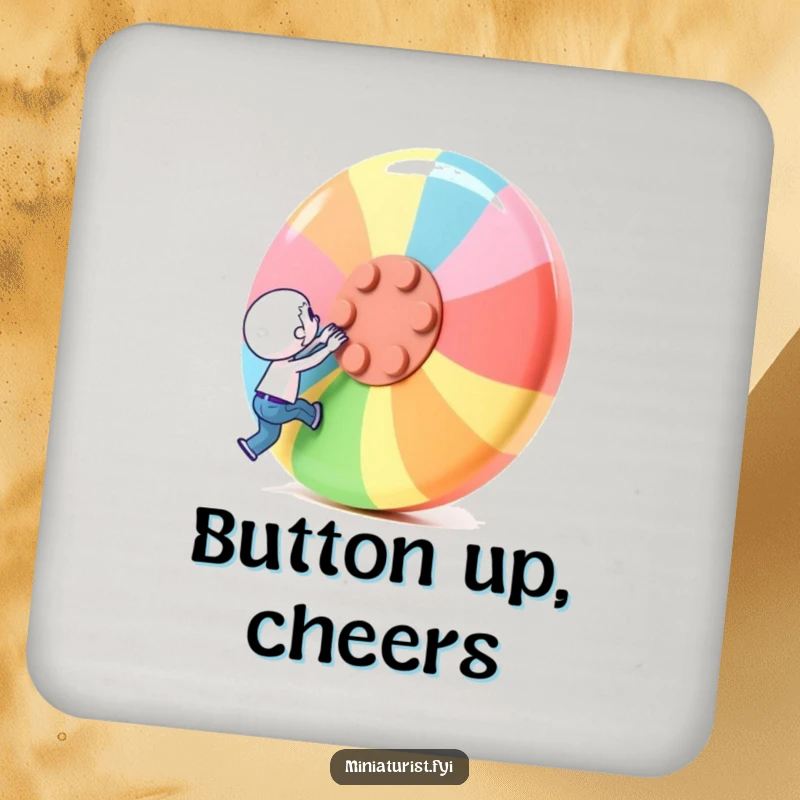 Funny Coaster: A miniature character attempts to lift a giant button, symbolizing effort and strength.