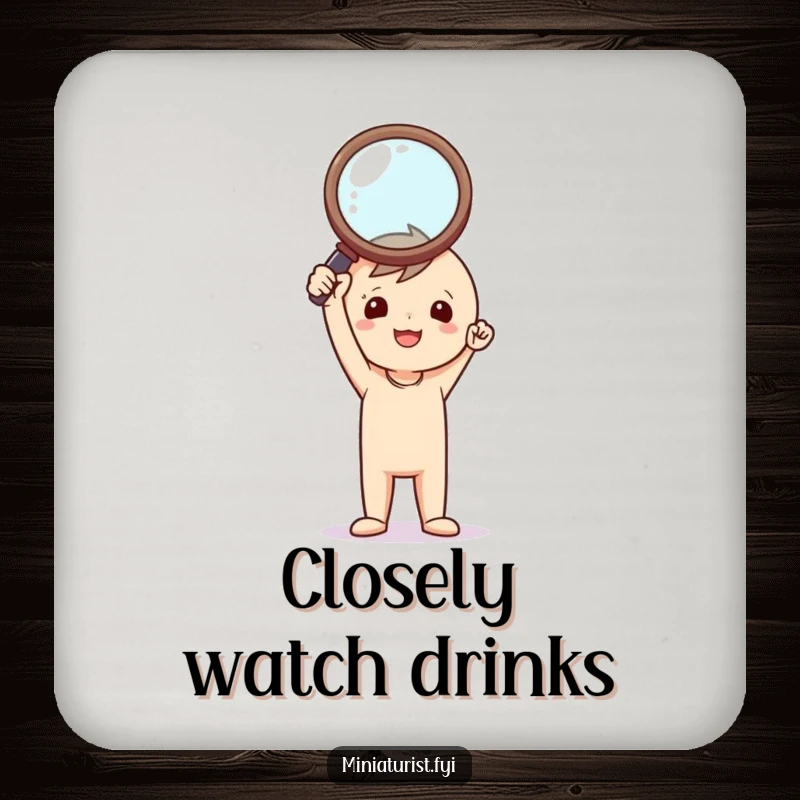 Funny Investigator Coaster: Tiny triumphant figure holding a comically large magnifying glass, adding a touch of mystery.