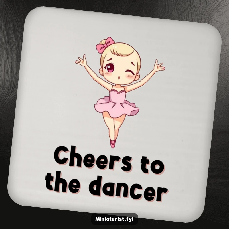 Funny miniature macaron drink coaster with a tiny character in an exaggerated ballet pose, protecting surfaces.