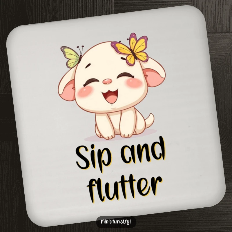 Funny drink coaster featuring a miniature character laughing as a butterfly lands on its nose, protecting surfaces with humorous charm.