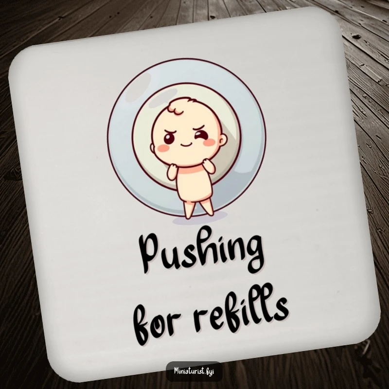 Funny button pusher drink coaster with a determined character attempting to push a colossal button, offering humorous protection.