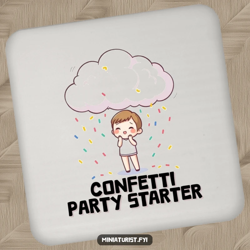 Funny Coaster: A miniature figure delighted by a tiny raincloud showering them with confetti, protecting surfaces.