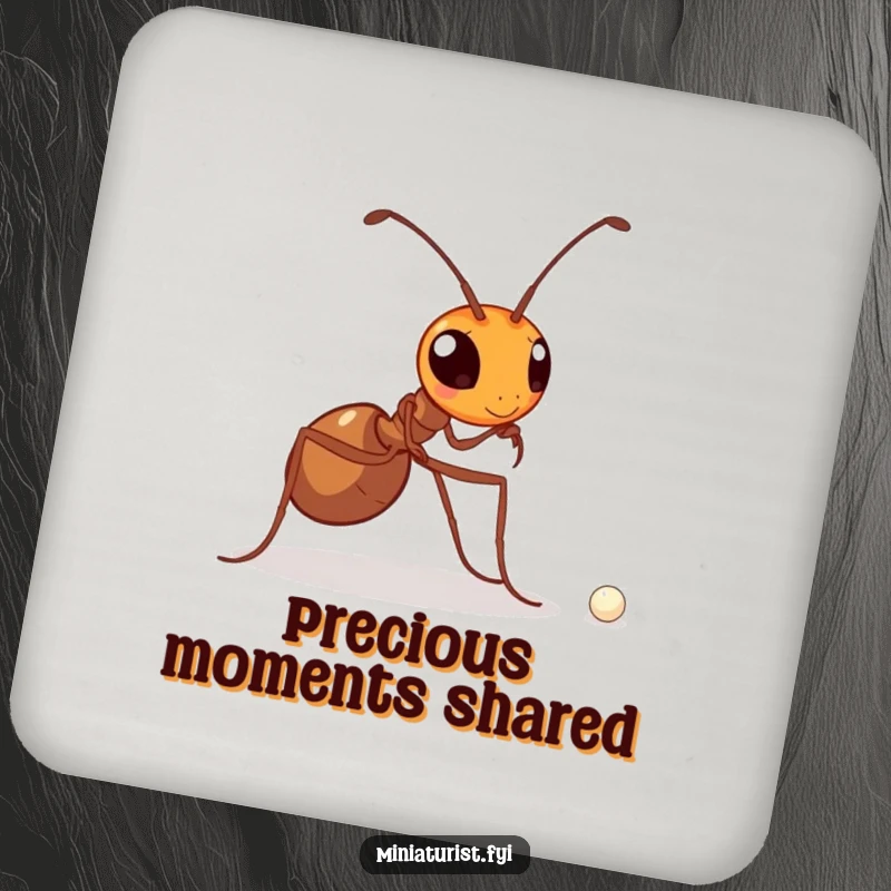 Funny coaster featuring a determined ant carrying a minuscule pearl, a symbol of strength and dedication for any table.