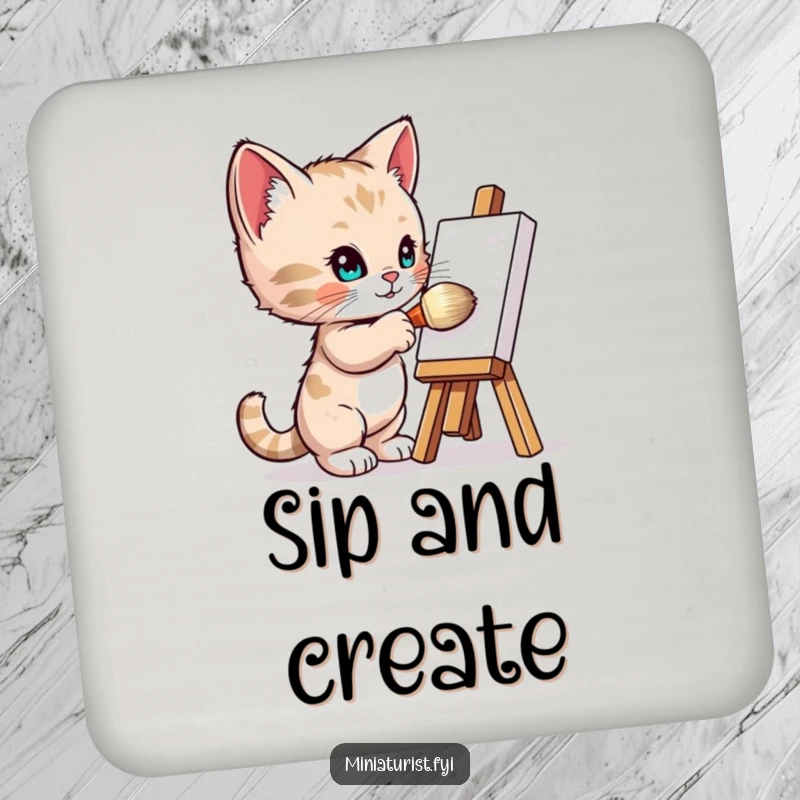 Funny Coaster: A tiny kitten artist paints a miniature easel with a giant brush, adding humor to your drink.