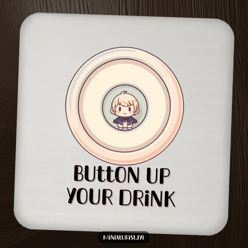 Funny drink coaster with a miniaturist character humorously peeking from a giant, upside-down button, adding whimsical charm.