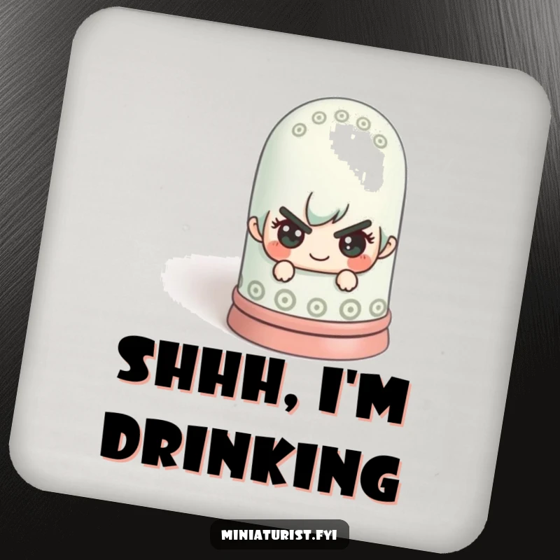 Funny miniature figure hiding behind a colossal thimble on drink coasters, adding playful humor to surfaces.