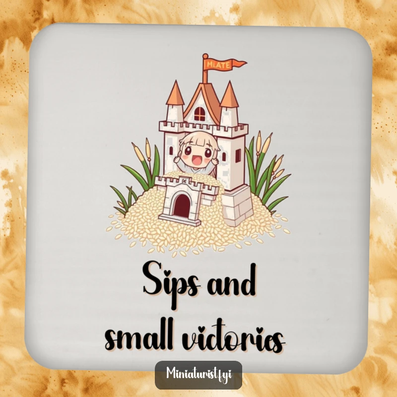 Funny, tiny character building an impressive castle from rice grains on a protective drink coaster, symbolizing focused ambition.