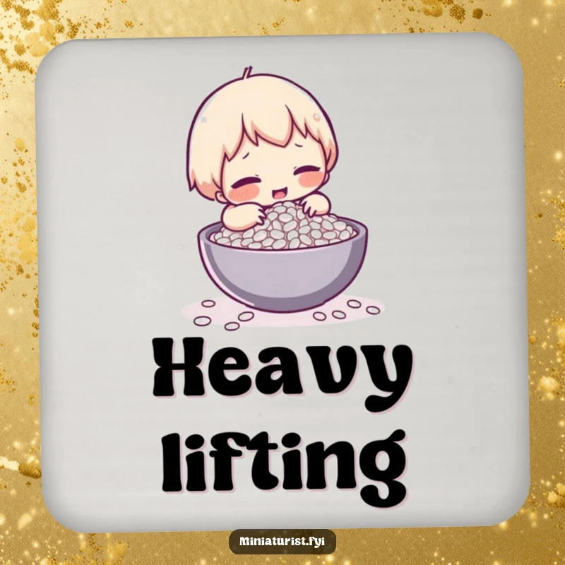 Funny drink coaster featuring a tiny character comically struggling to lift a single grain of rice, adding humor to surfaces.