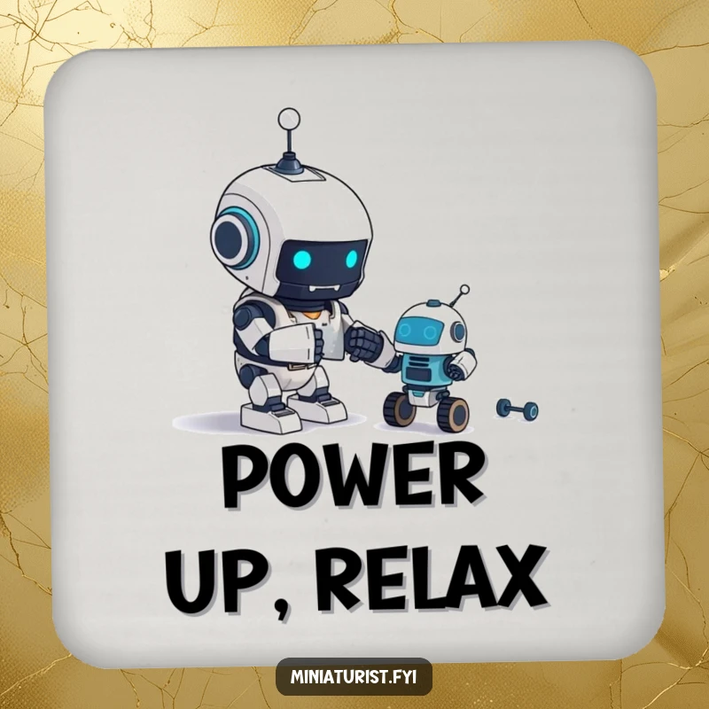 Funny Coaster: A tiny robot excitedly assembles an even tinier robot, adding a humorous touch to drinks.