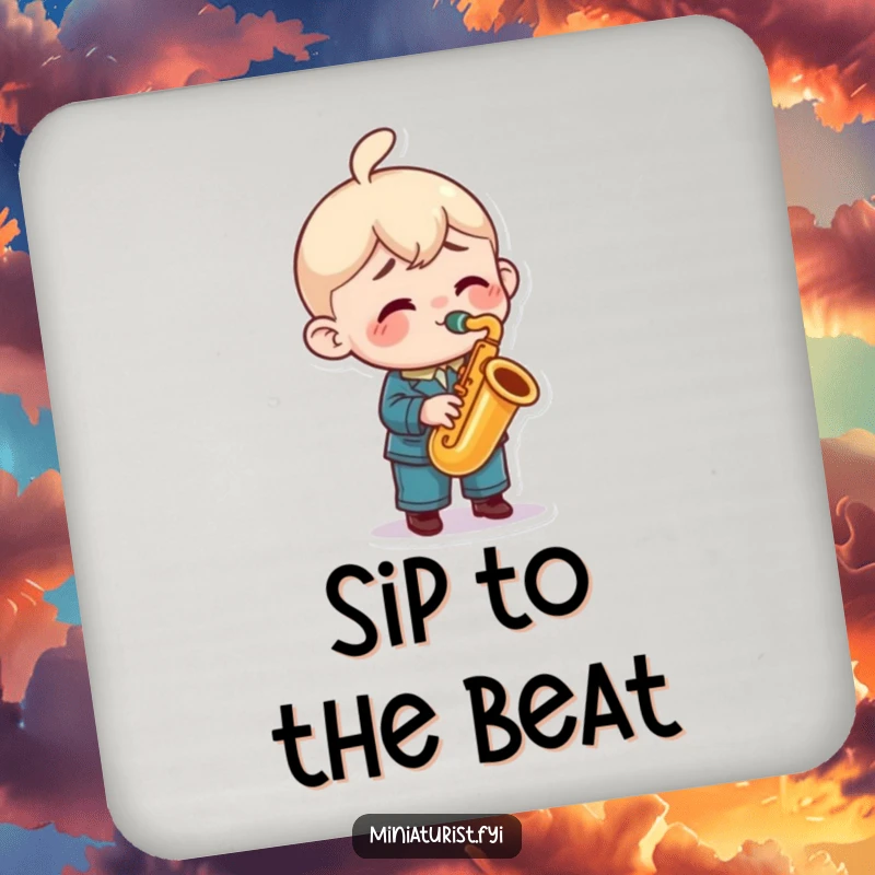 Funny saxophone coaster featuring a miniature character playing a tiny saxophone with enthusiasm, a stylish and humorous addition to any table.