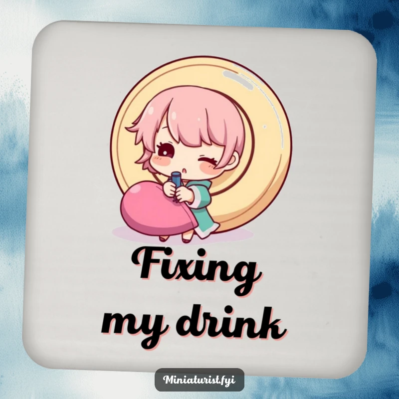 Funny sewing coaster featuring a tiny winking character struggling with a giant button, a humorous addition to any table.